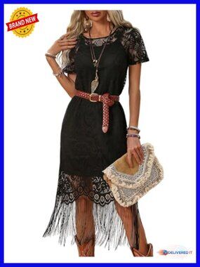 Western 2 Piece Layered Fringe Dress Set Sheer Sleeves Cami Dress Boho